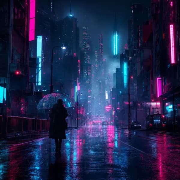 Cyberpunk City Street At Night In