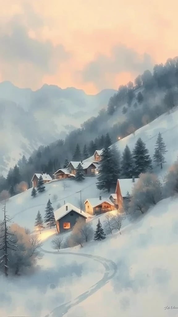 Snowy Mountain Village At Pastel