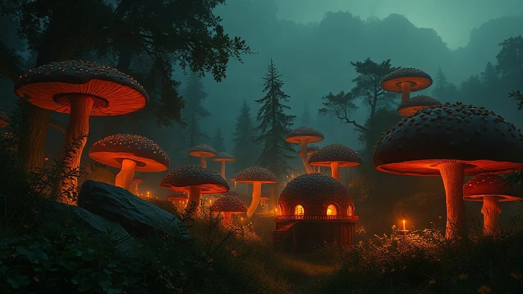 Mushroom Forest At Night With Matte Painting