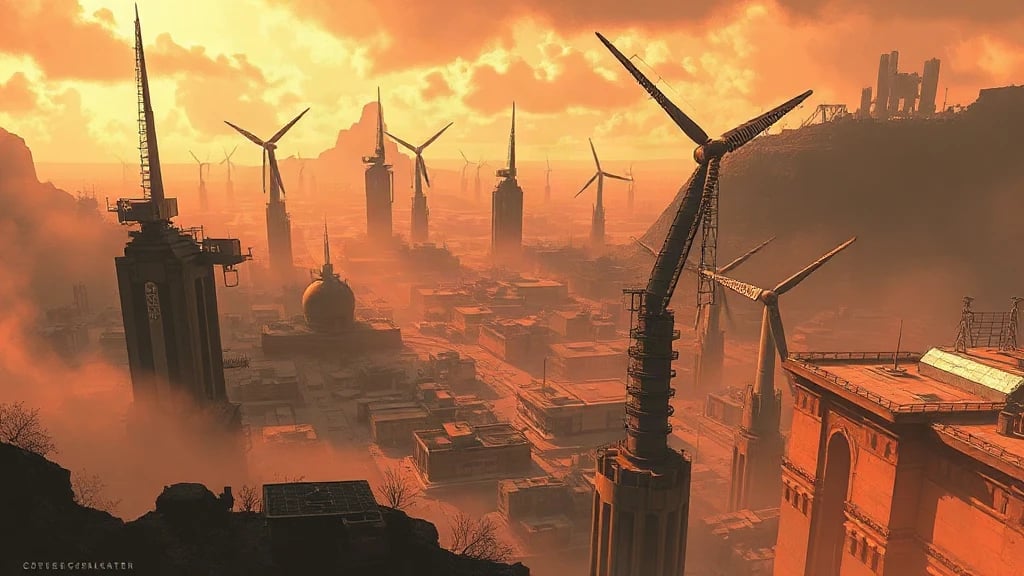 Solarpunk City With Wind Turbines Painterly Sketch