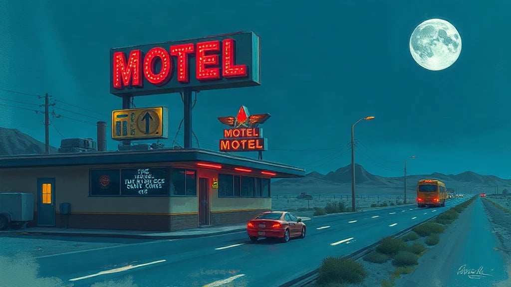 Neon Desert Motel On A Painterly Sketch