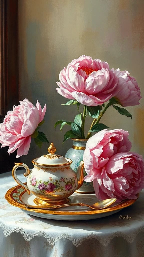 Tea Set With Peonies Oil Painting