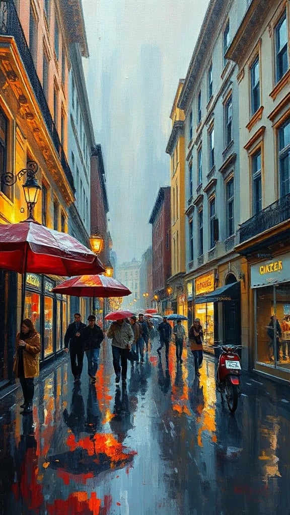 Rainy City Street With Oil Painting