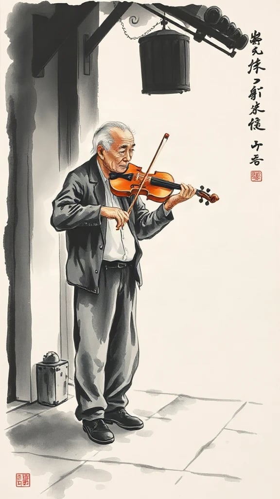 Old Man Playing Violin Chinese Ink