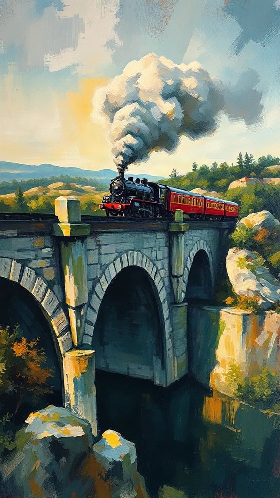 Steam Train Crossing A Post-Impressionist
