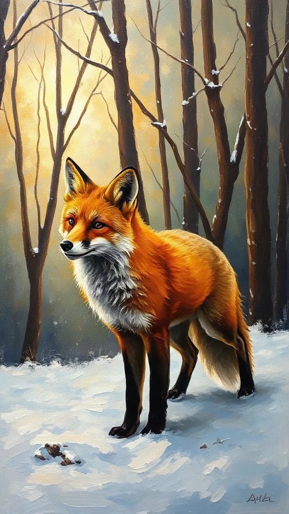 Fox In Snowy Woods Oil Painting