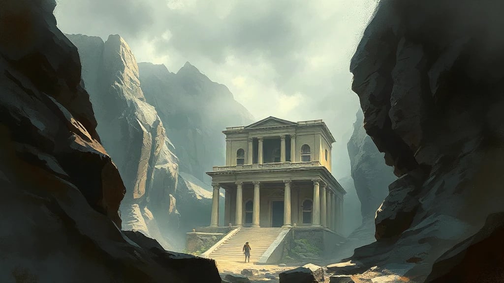 Ancient Library City Inside Mountain Painterly Sketch