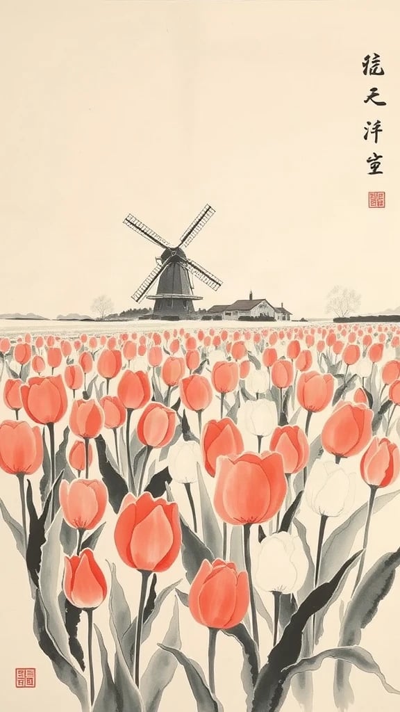 Field Of Tulips With Chinese Ink