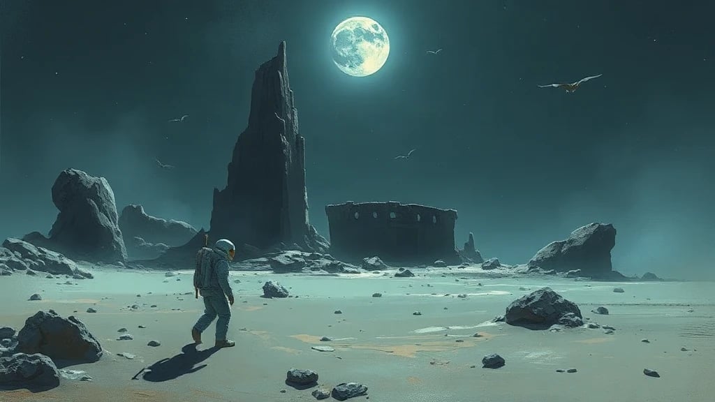 Lone Astronaut Discovering Ruins On Painterly Sketch