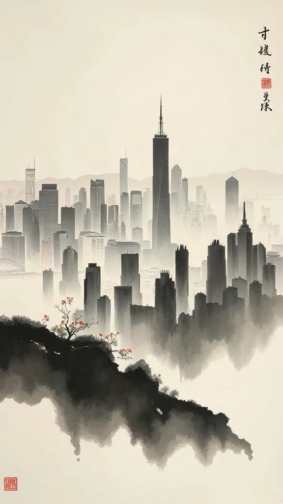 City Skyline At Twilight Chinese Ink