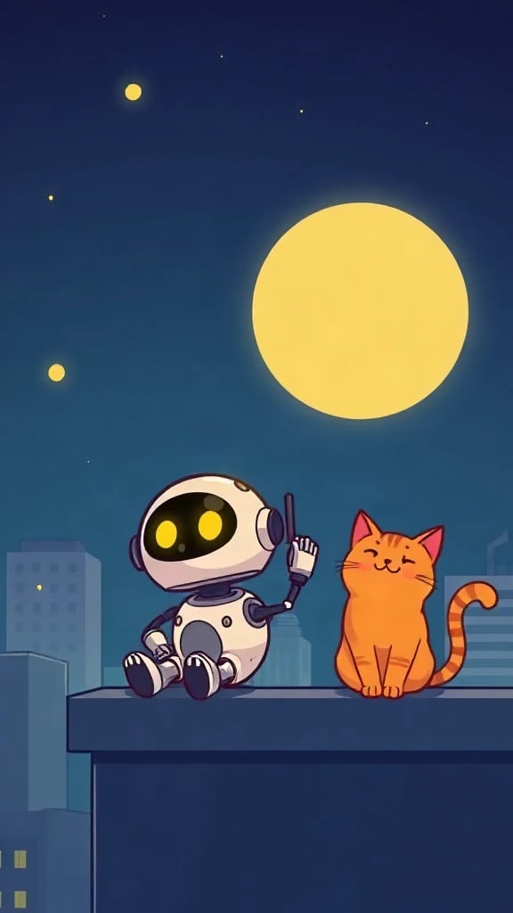 Robot and Cat Rooftop