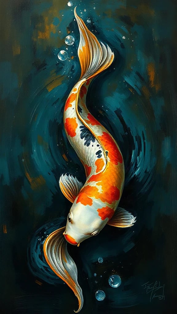 Koi Fish Swirl In Oil Painting