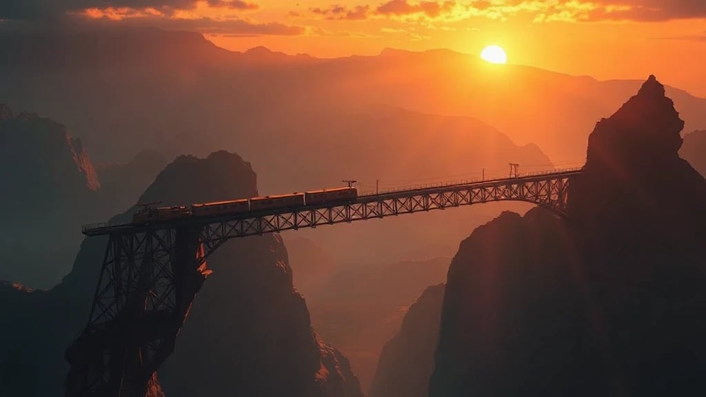 Train Crossing A Bridge Between Matte Painting