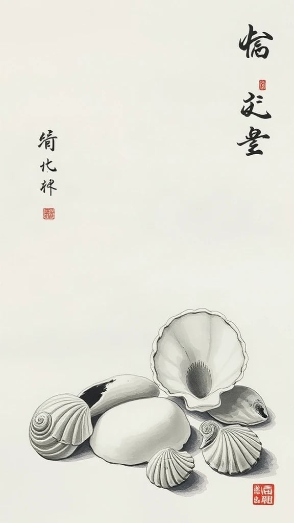 Still Life Of Seashells Chinese Ink