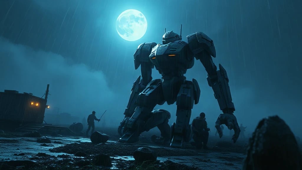 Giant Mech Kneeling In A Matte Painting