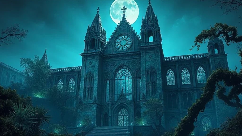 Abandoned Cathedral Overgrown By Bioluminescent Matte Painting