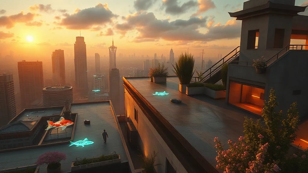 Cyberpunk Rooftop Garden With Hologram Matte Painting