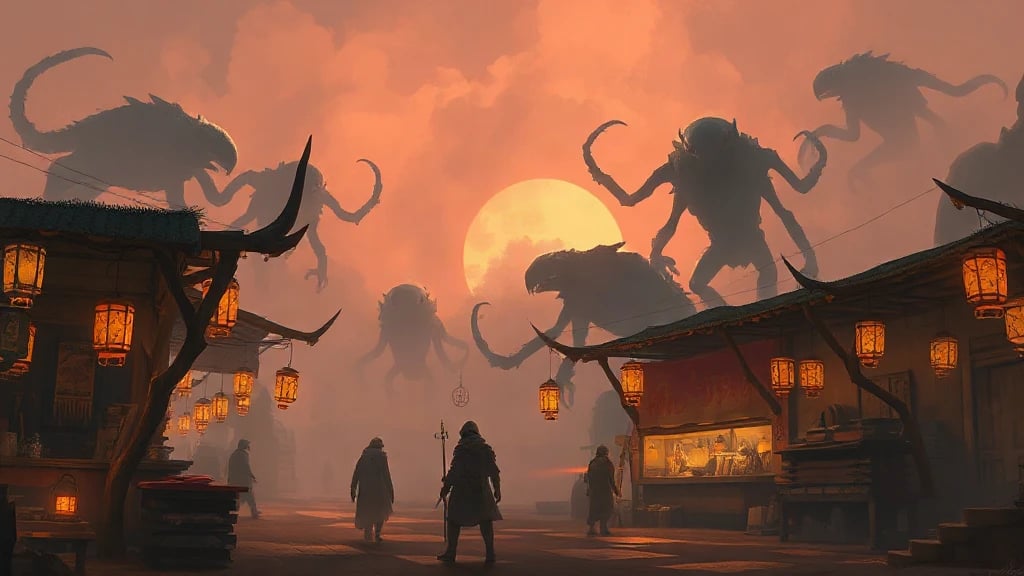Alien Marketplace With Strange Creatures Painterly Sketch