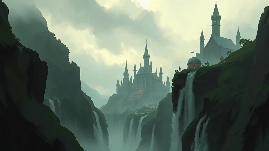 Elven City Carved Into Waterfalls Painterly Sketch