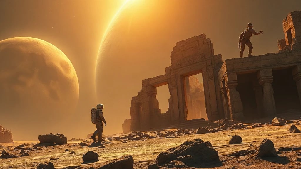 Lone Astronaut Discovering Ruins On Matte Painting