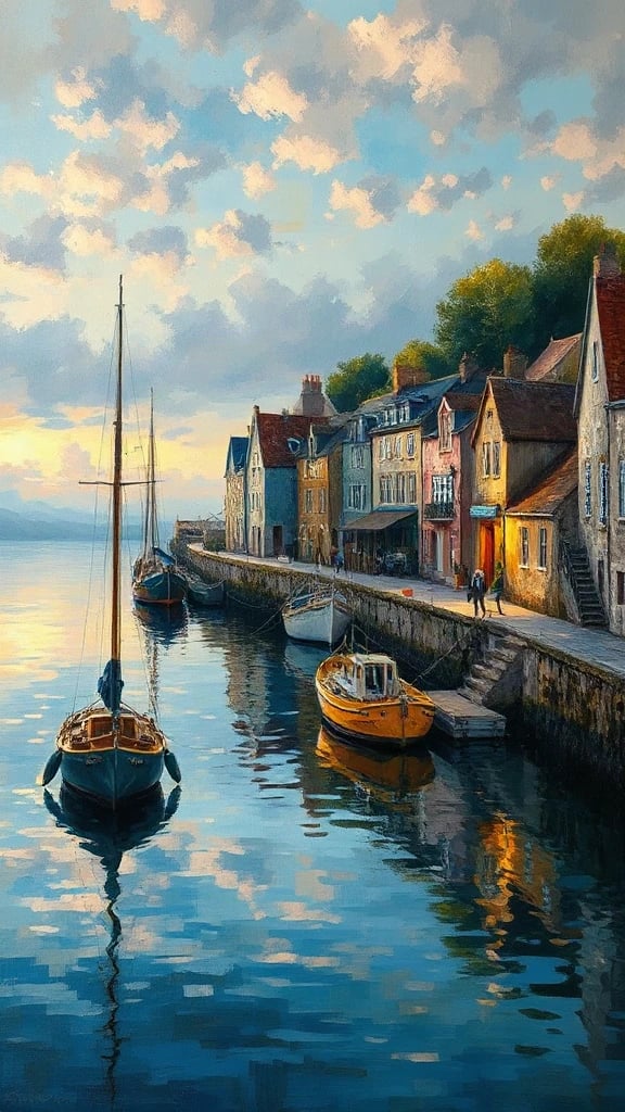 Quiet Fishing Village Harbor Oil Painting