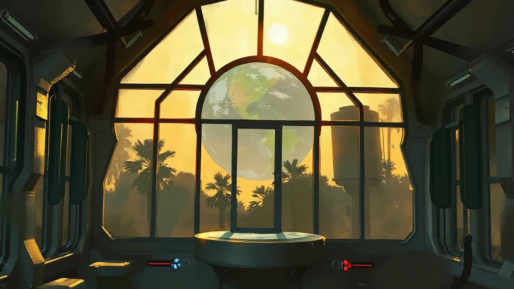 Space Station Greenhouse With Earth Painterly Sketch