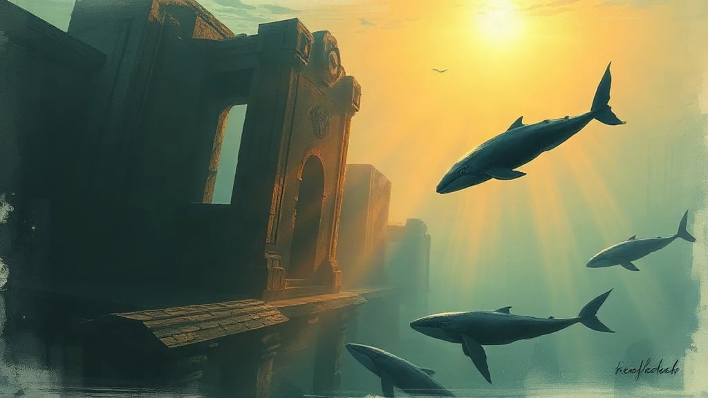 Underwater Temple With Shafts Of Painterly Sketch