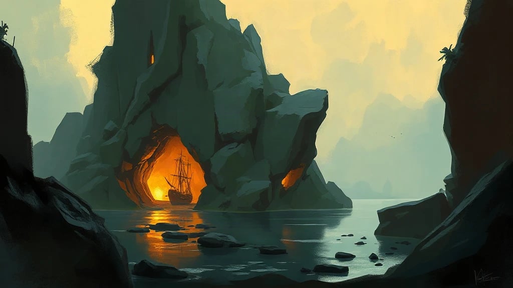 Pirate Cove With A Glowing Painterly Sketch