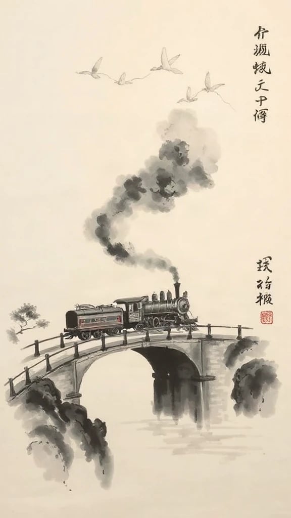 Steam Train Crossing A Chinese Ink