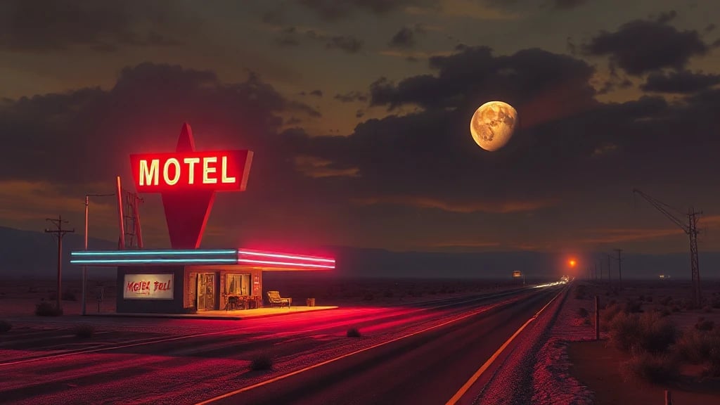 Neon Desert Motel On A Matte Painting