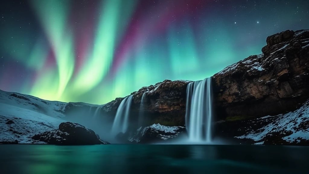Iceland Waterfall Aurora