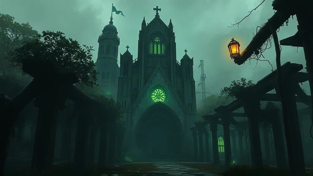 Abandoned Cathedral Overgrown By Bioluminescent Painterly Sketch