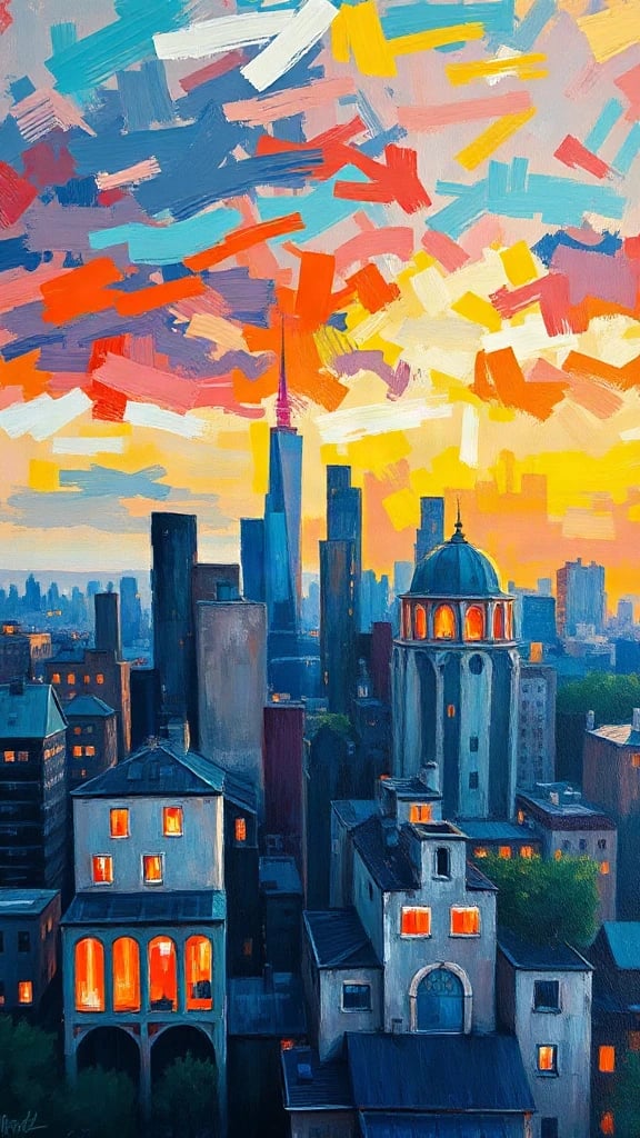City Skyline At Twilight Post-Impressionist