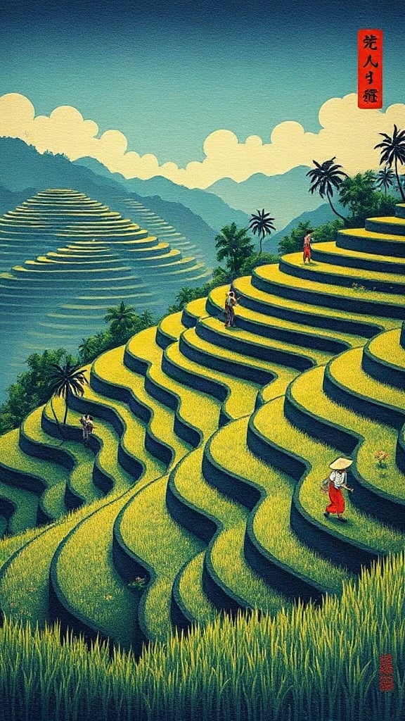 Balinese Rice Terrace With Ukiyo-e