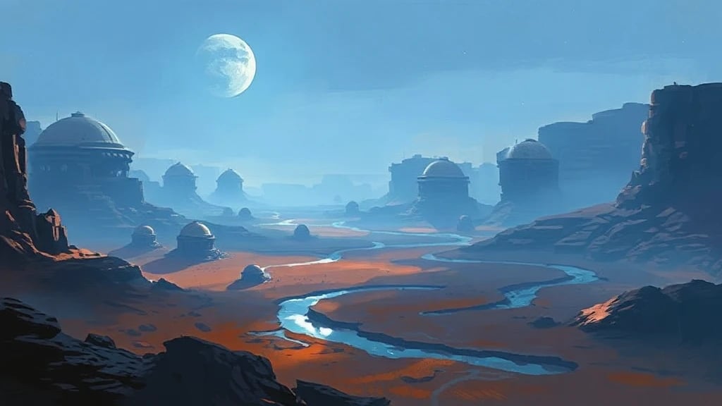 Terraformed Mars Valley With Domes Painterly Sketch