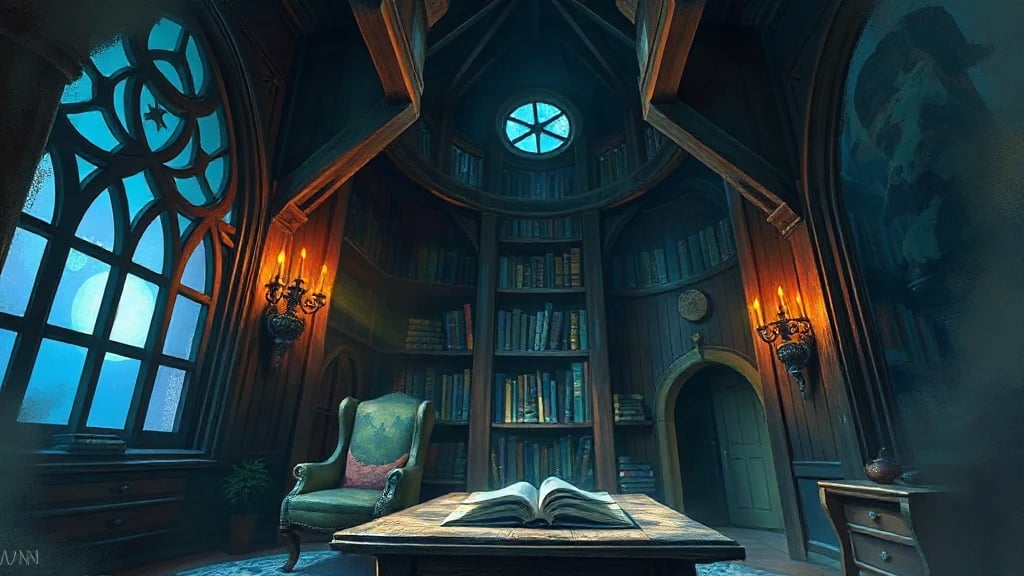 Cozy Wizard Tower Library Interior Painterly Sketch
