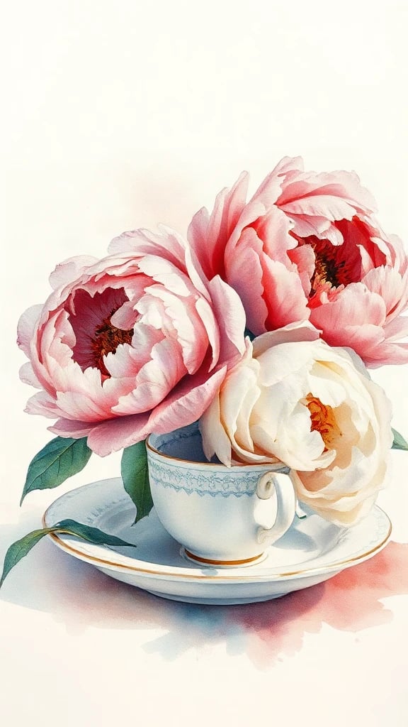 Tea Set With Peonies Watercolor