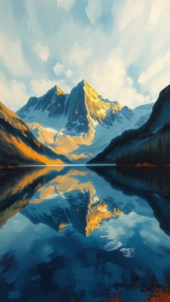 Mountain Lake Reflecting Peaks Oil Painting