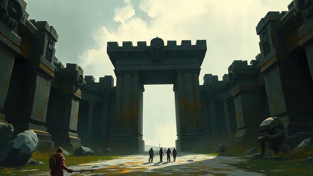Colossal Ancient Gate Guarded By Painterly Sketch