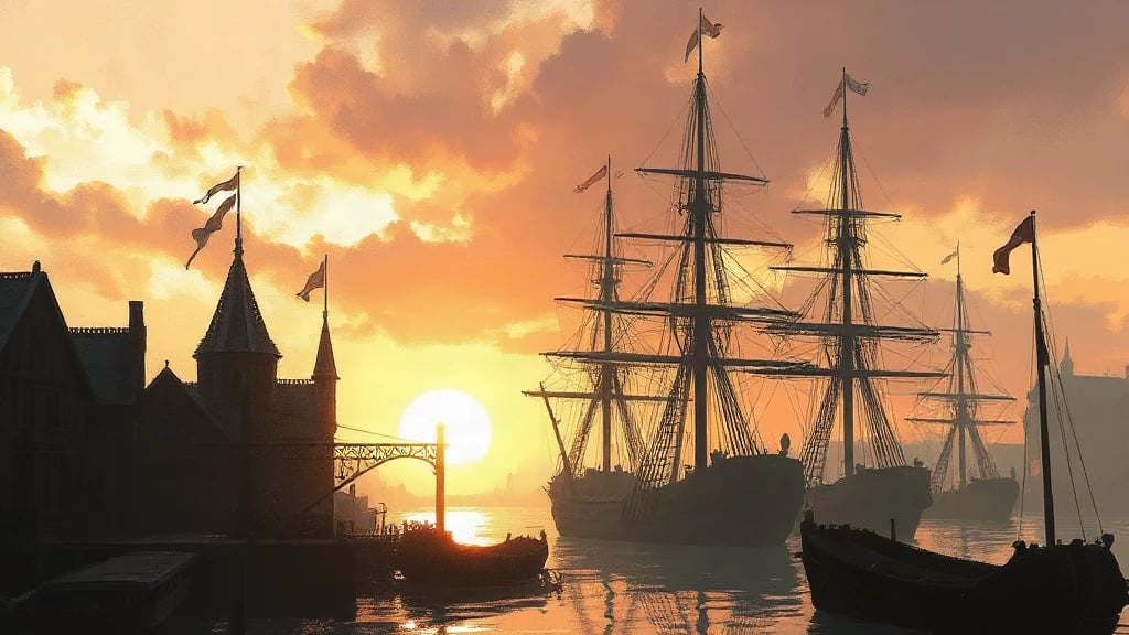 Medieval Harbor Town At Sunset Painterly Sketch