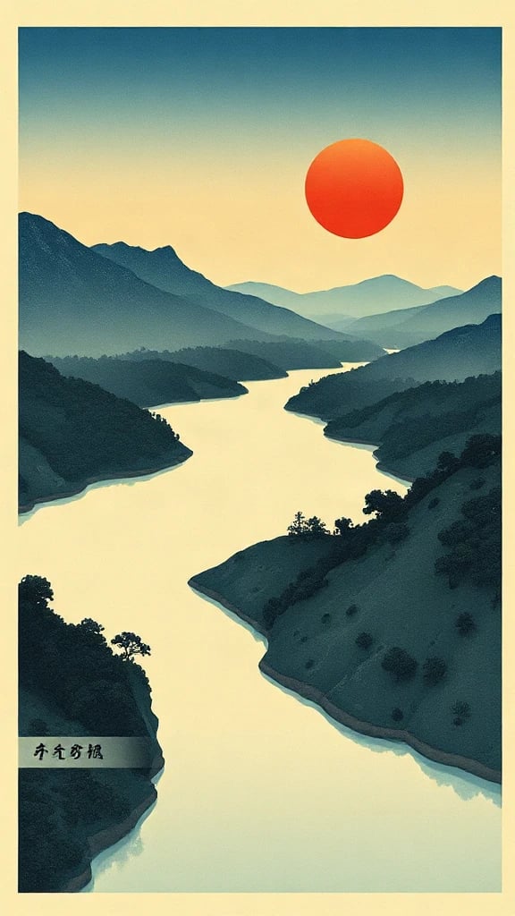 River Winding Through Hills Ukiyo-e