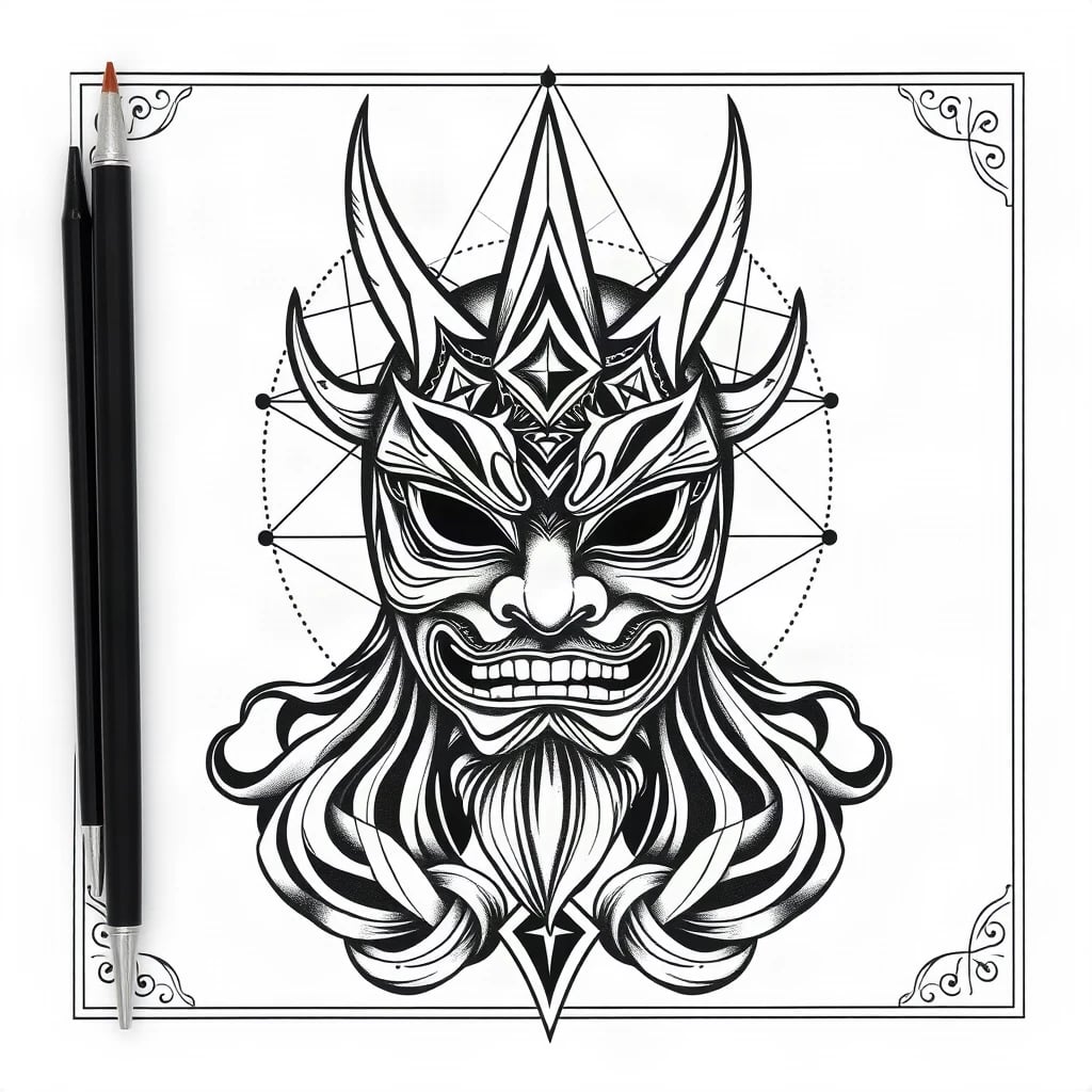 Geometric Hannya Mask Tattoo