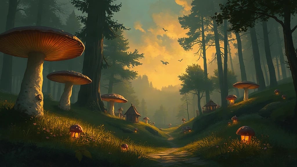 Mushroom Forest At Night With Painterly Sketch