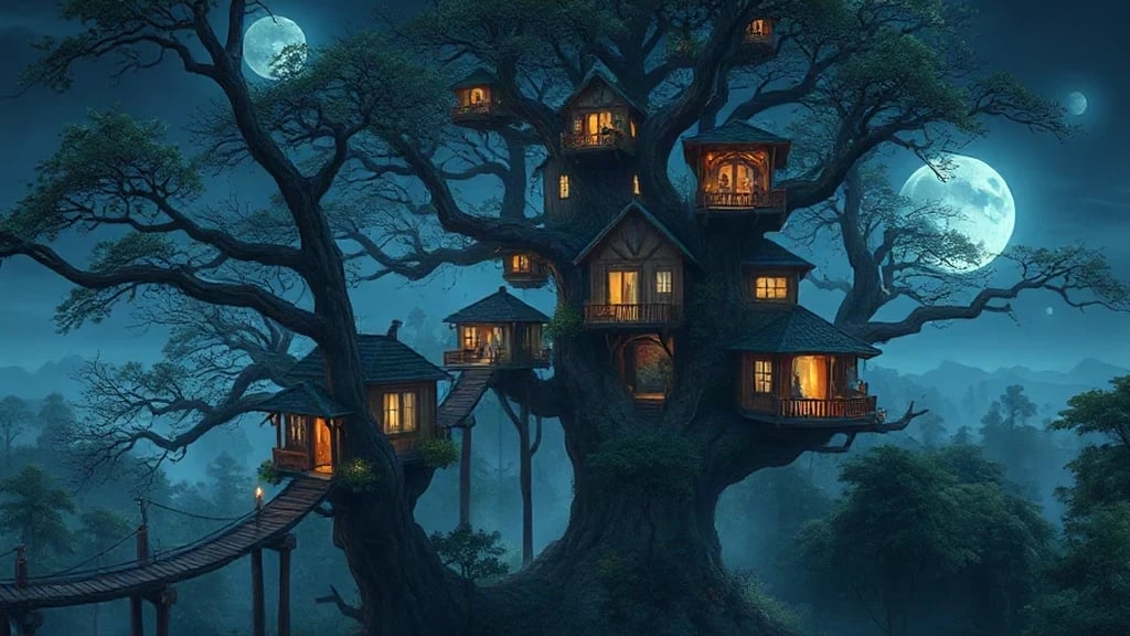 Massive Tree City With Treehouse Matte Painting