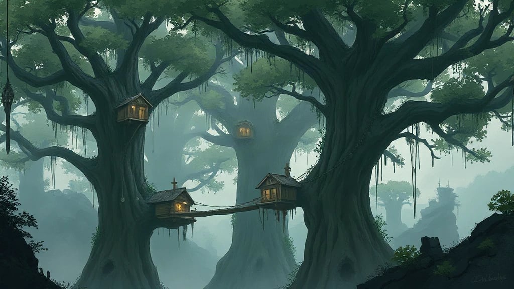 Massive Tree City With Treehouse Painterly Sketch