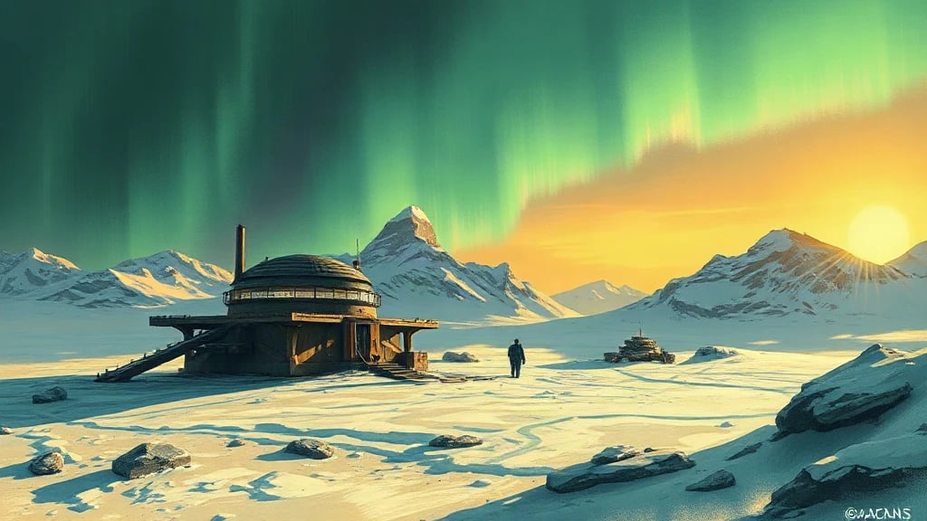 Arctic Research Base Under Green Painterly Sketch