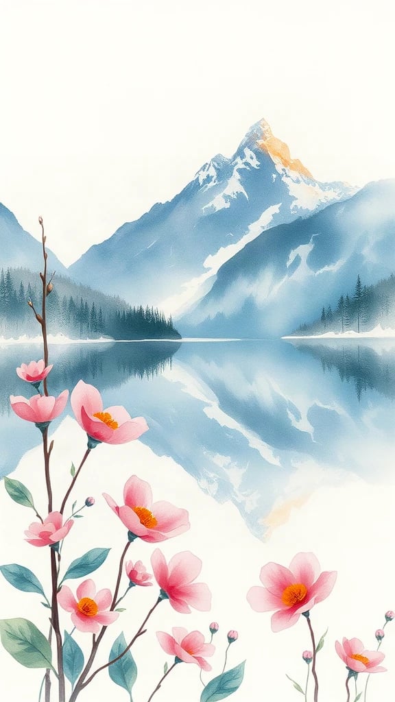 Mountain Lake Reflecting Peaks Watercolor