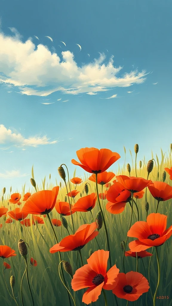 Field Of Red Poppies Gouache