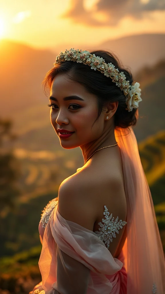 cinematic portrait of an Indonesian bride at golden hour in