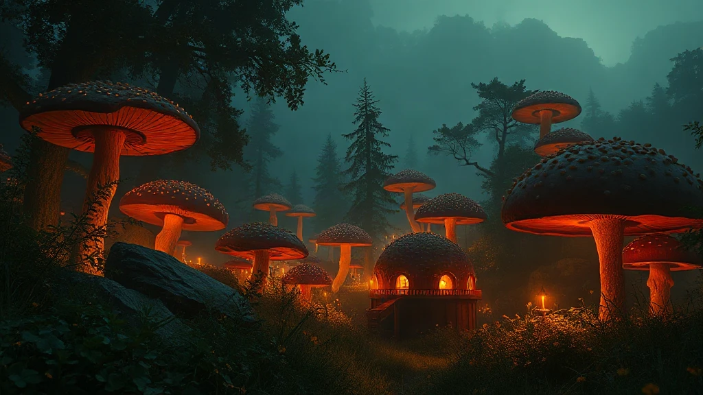 Mushroom Forest At Night With Matte Painting